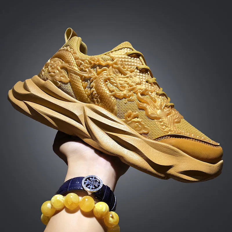 Chinese Loong pattern casual sneakers with fly knit upper and rubber sole