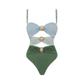 Women's yellow high waist split bikini swimsuit with skirt on beach