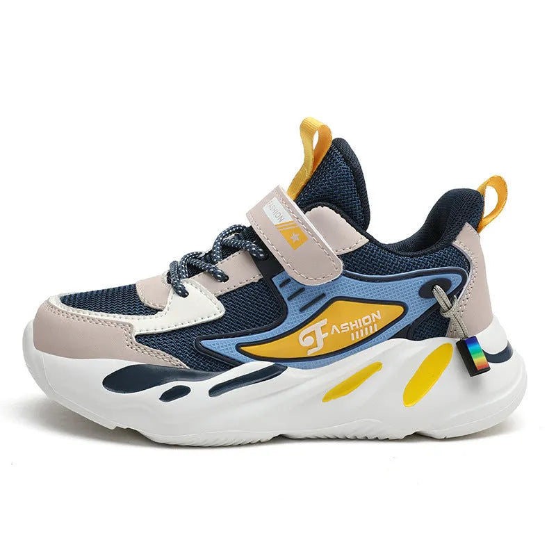Boys' dark blue platform sports shoes with Velcro strap and breathable mesh upper