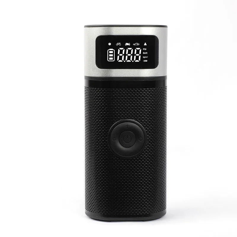 Black portable wireless air pump with USB charging cable and multiple nozzle attachments including bicycle, ball, and swimming ring connectors