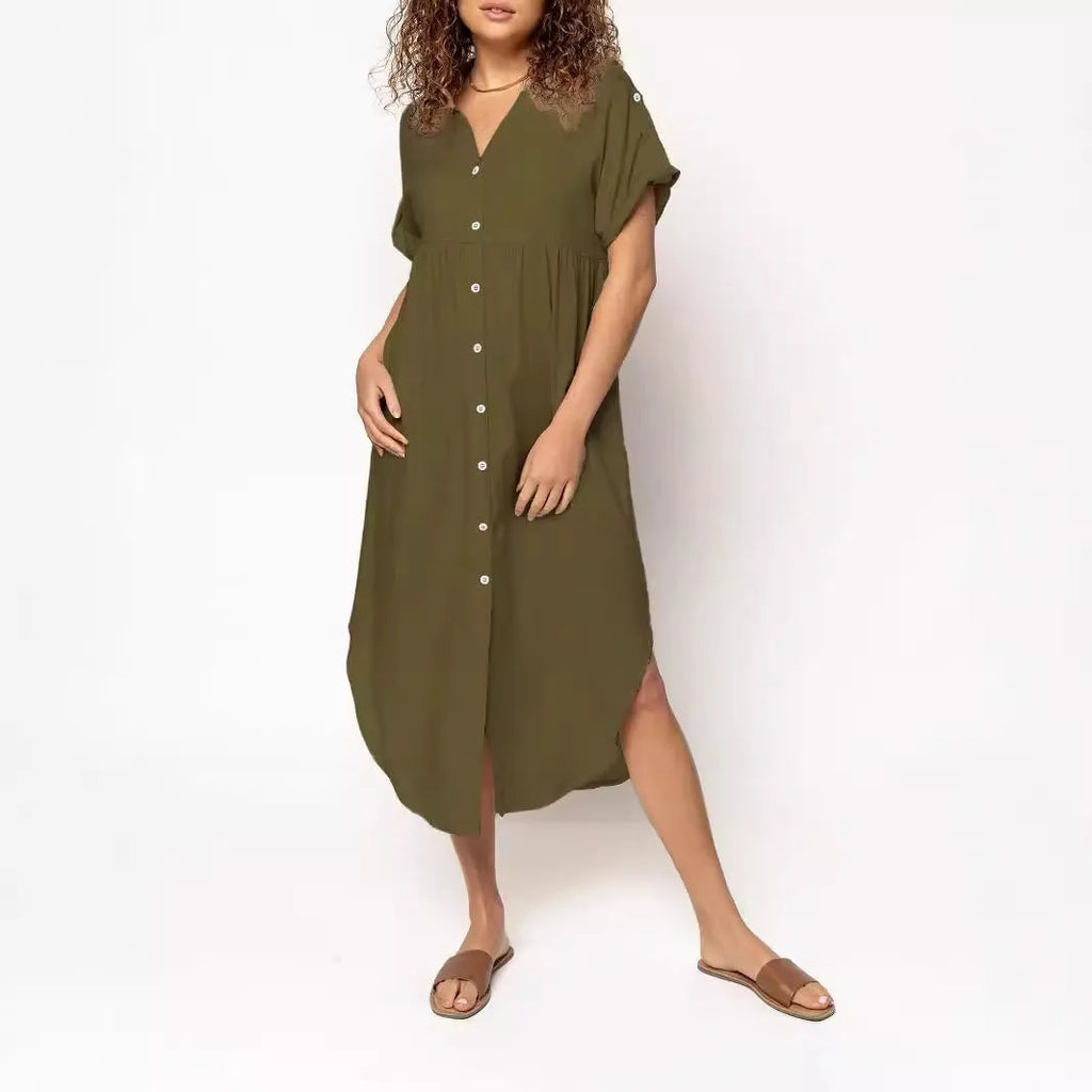 Casual button-front mid-length dress in solid colour with loose fit and regular sleeves