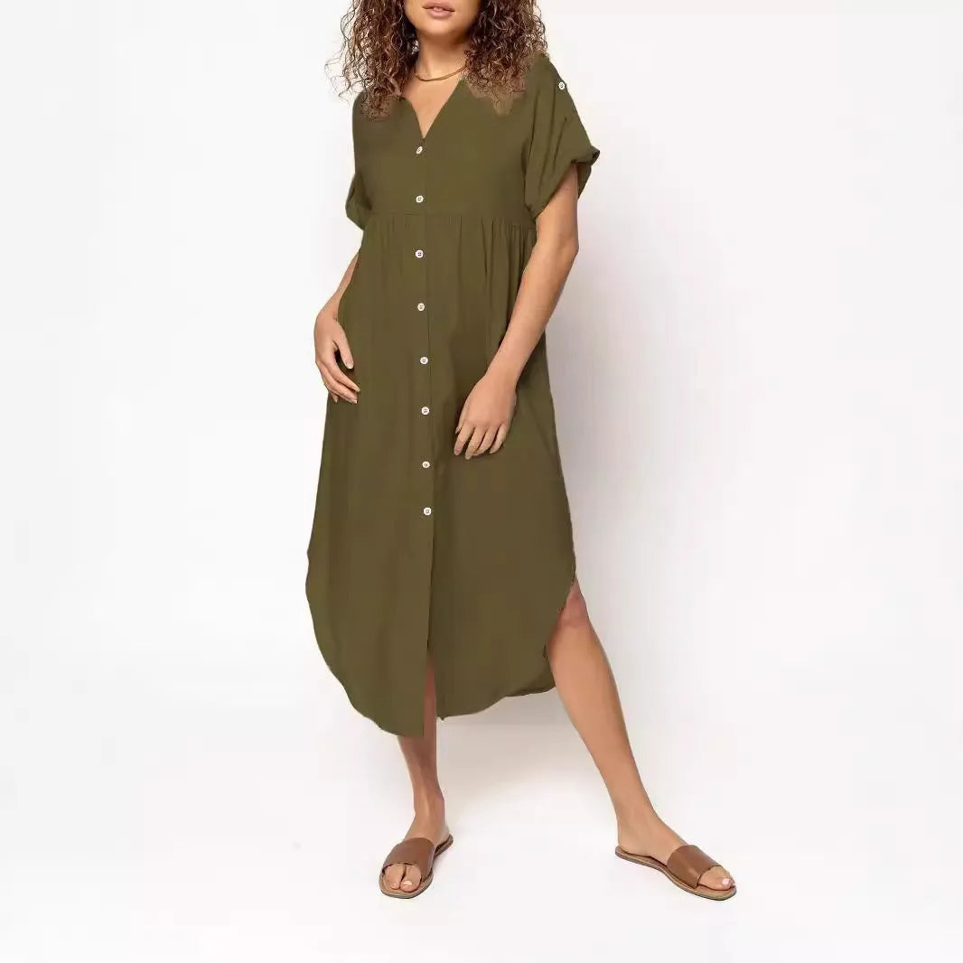 Casual button-front mid-length dress in solid colour with loose fit and regular sleeves