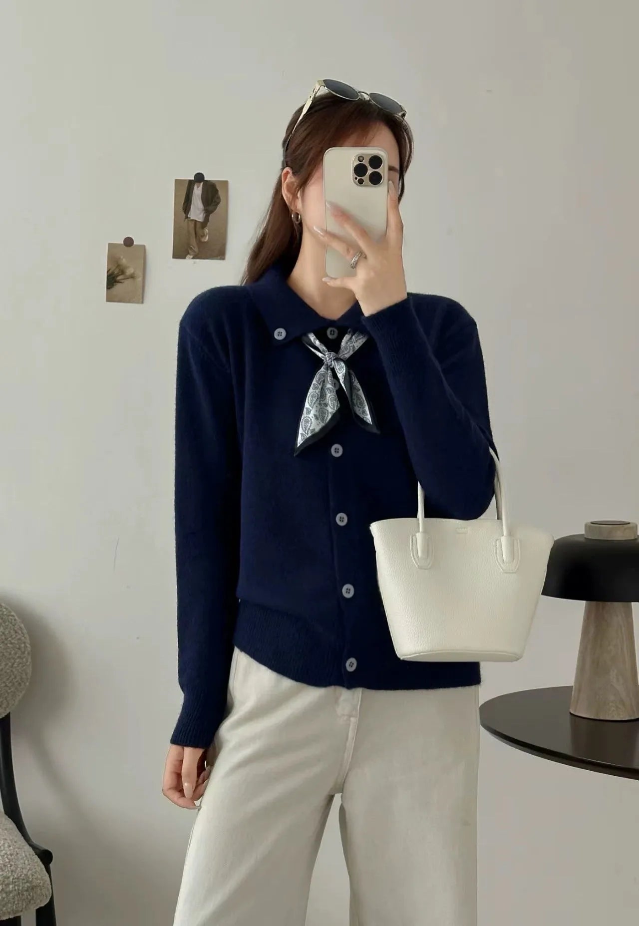Acrylic lapel scarf cardigan in beige, grey, or navy blue, shown as a long-sleeve free-size garment.