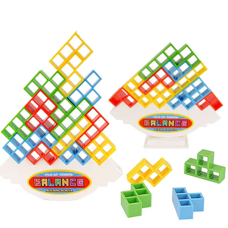Plastic balance stacking board game with 16 colourful blocks on a chassis and base