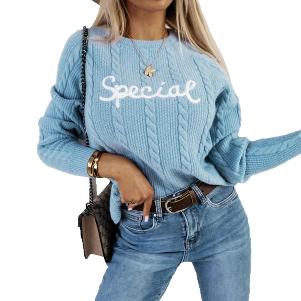 Blue leisure pullover sweater with embroidered letter design, crew neck, street fashion style