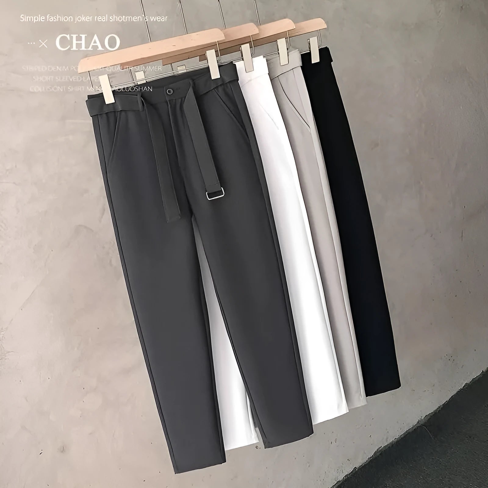 Boys slim straight tapered trousers in wool blend fabric, shown in black, white, dark grey and light grey