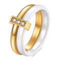 Women's ceramic ring with 6mm band width, geometric round shape, and glossy stitching detail in steel black finish