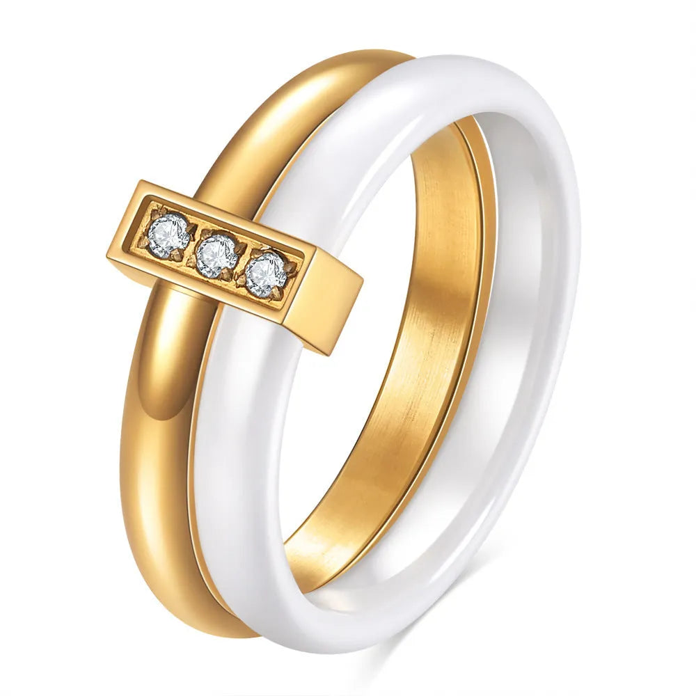 Women's ceramic ring with 6mm band width, geometric round shape, and glossy stitching detail in steel black finish