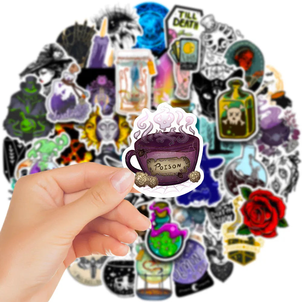 Pack of 50 colourful waterproof PVC glossy stickers for laptops and smooth surfaces.