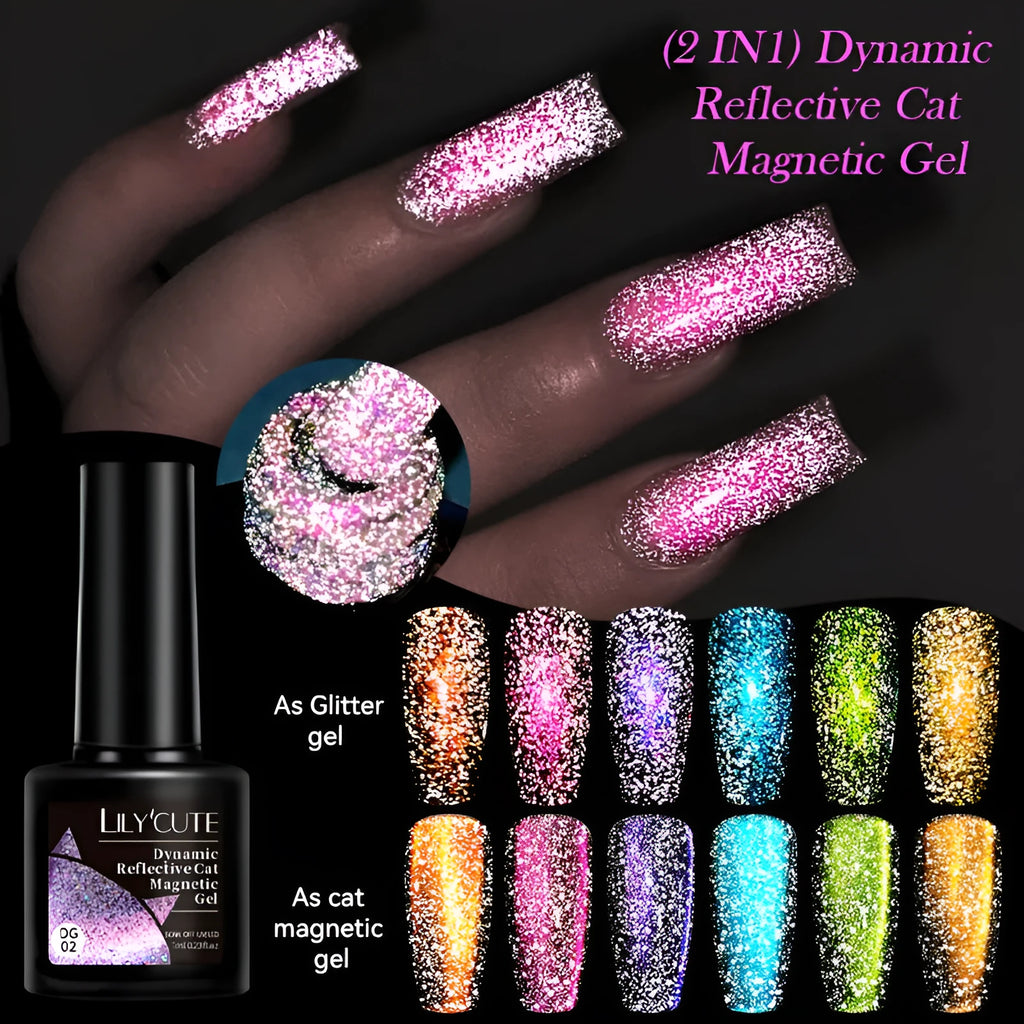 UV cat eye gel nail polish bottles with diamond glitter in six colour variations