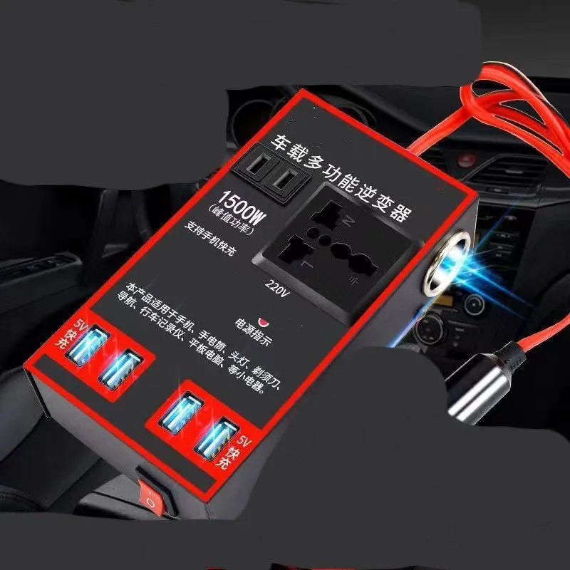 Black automotive power converter converting 12V/24V vehicle power to 220V AC with USB charging