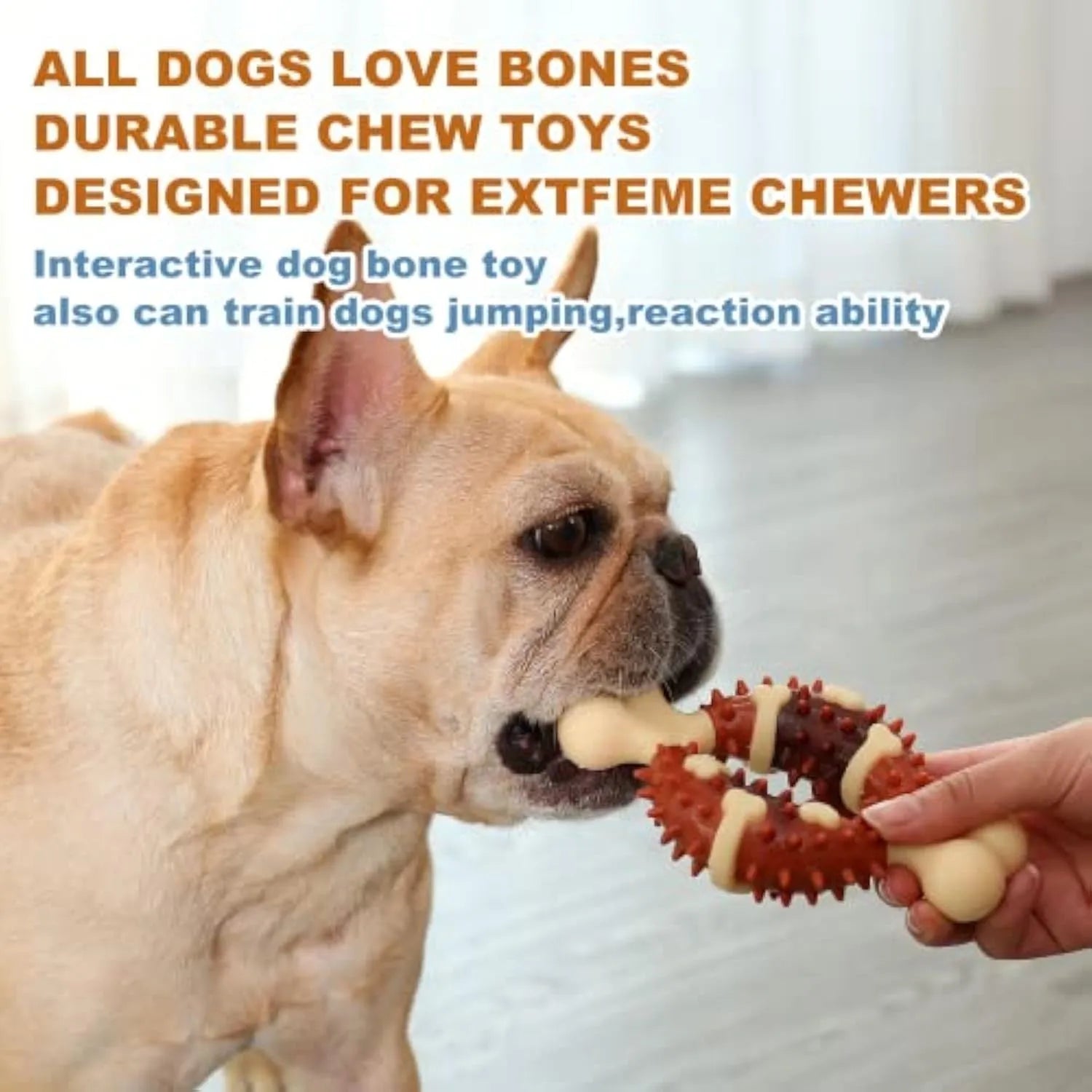 Natural rubber bone-shaped dog teeth grinding toy for dental health and anxiety relief in two sizes