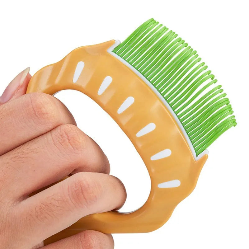 Shell-shaped plastic pet grooming brush with bent wire bristles and anti-slip handle