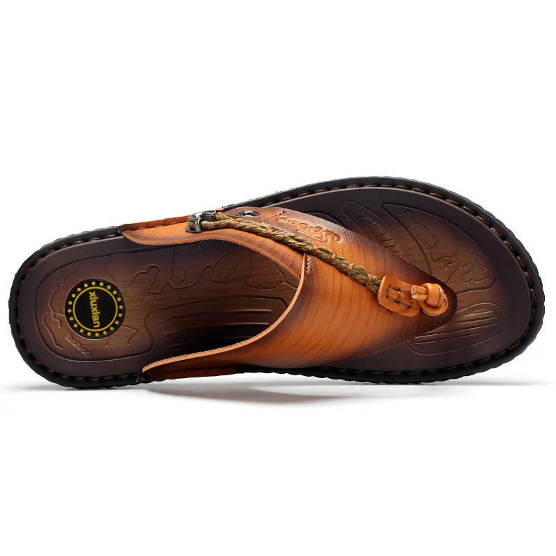 Men's dark blue outdoor slippers with herringbone rubber soles and leather lining, plus size 38-46