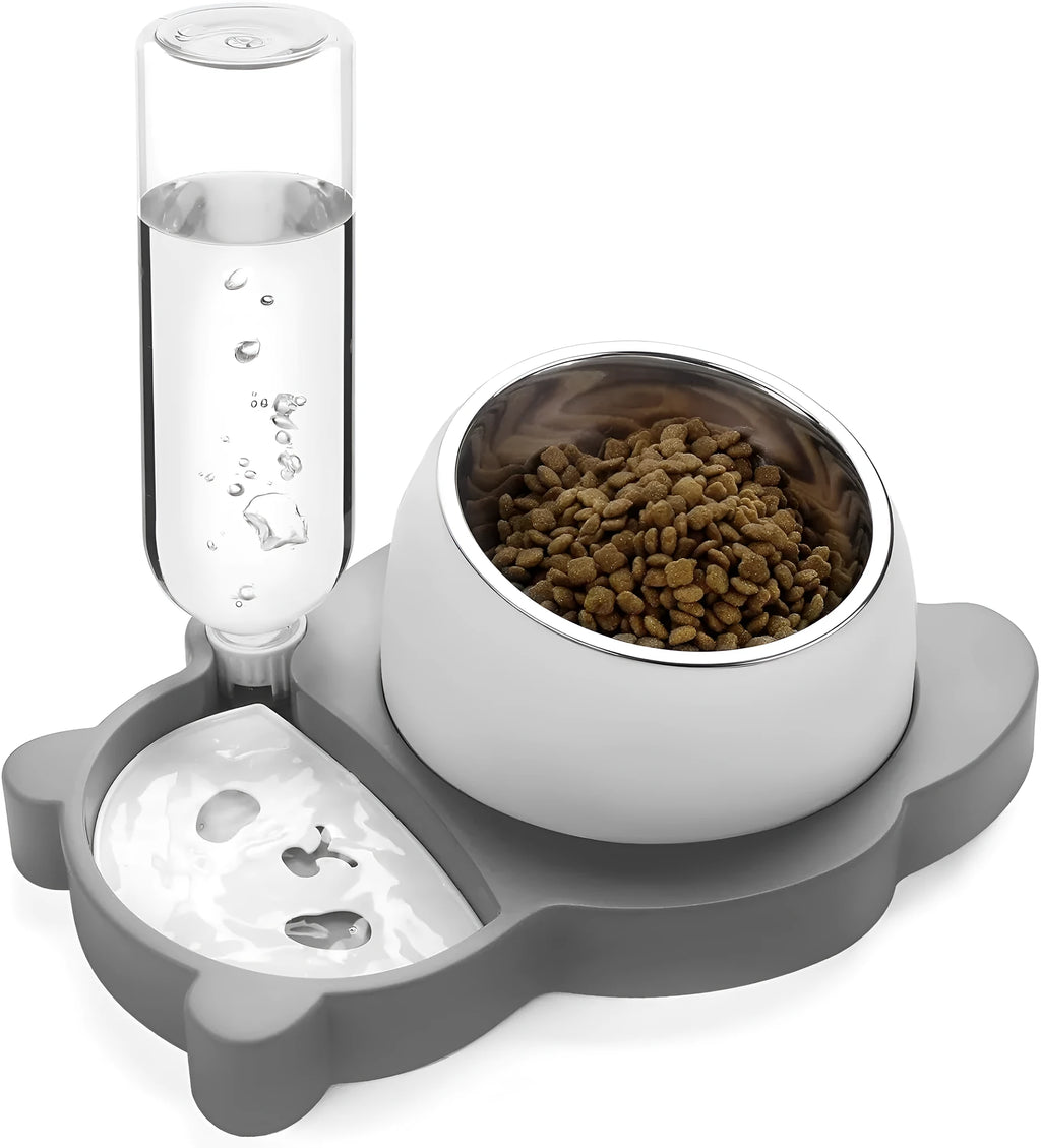Grey panda-shaped elevated pet feeder with automatic water bottle and tilted stainless steel bowls for cats and small dogs