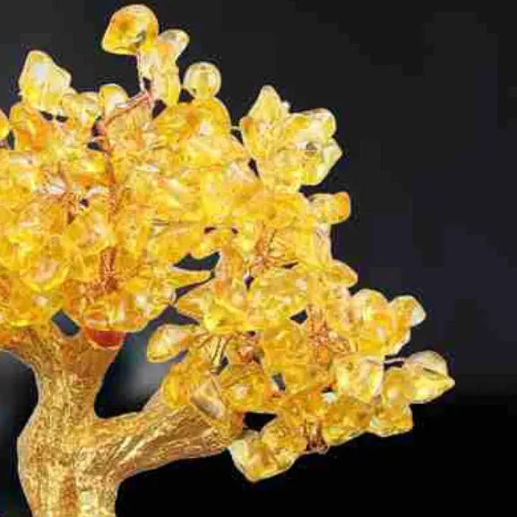 Citrine-coloured resin Feng Shui ornament with small water turtle and money tree design measuring 18x11x23cm