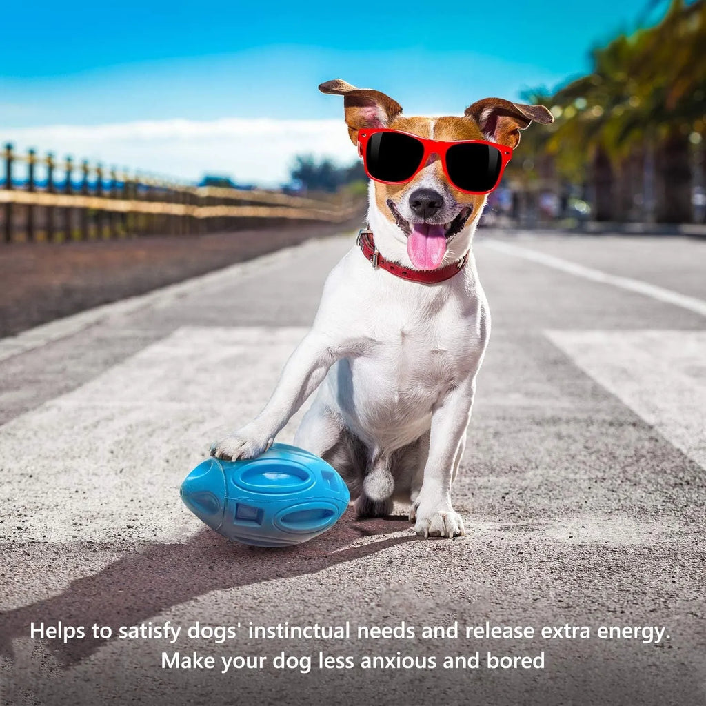 Blue, green, and orange natural rubber squeaky dog chew ball for aggressive chewers.