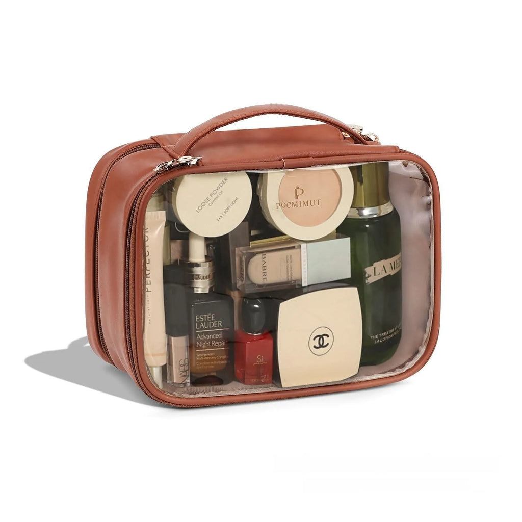 Leather transparent cosmetic bag showing interior compartments with waterproof PVC construction