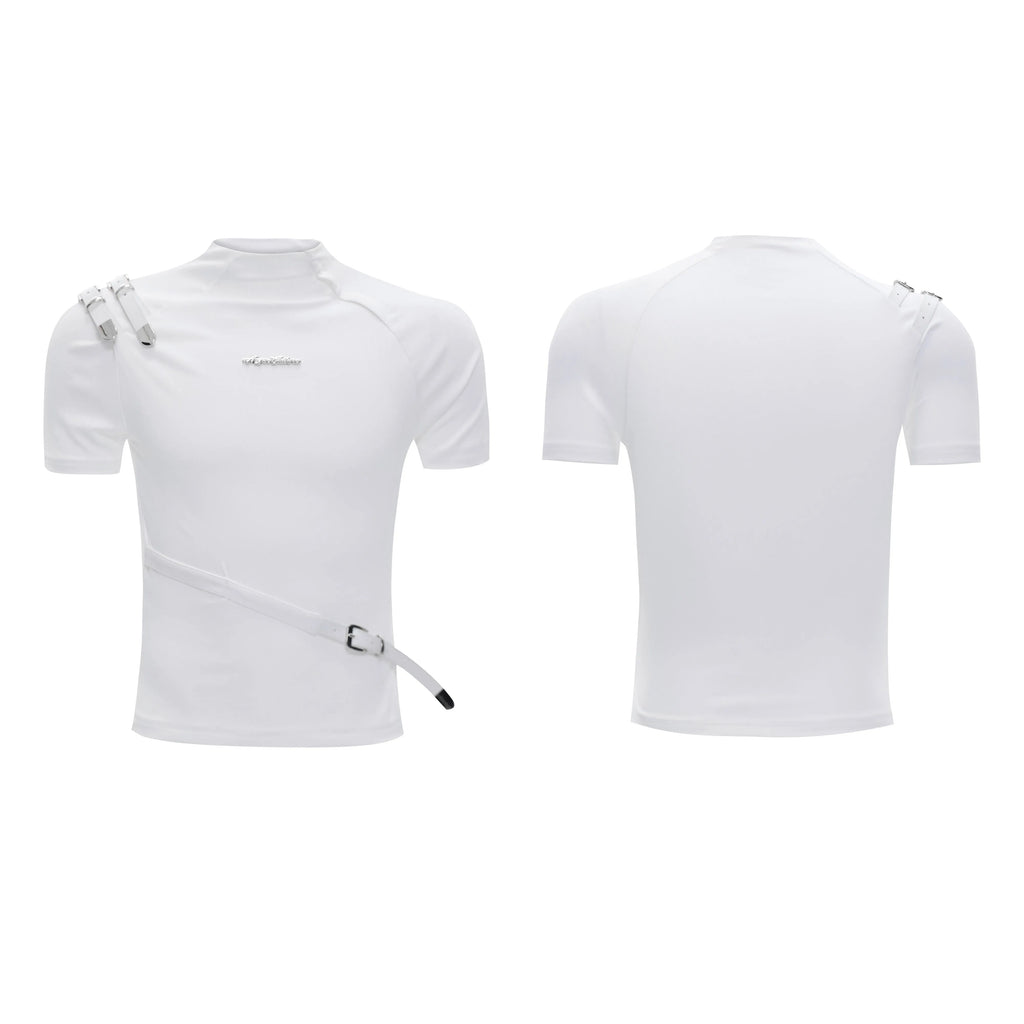 Men's black cotton T-shirt with metal belt design and stand-up collar slim fit styling