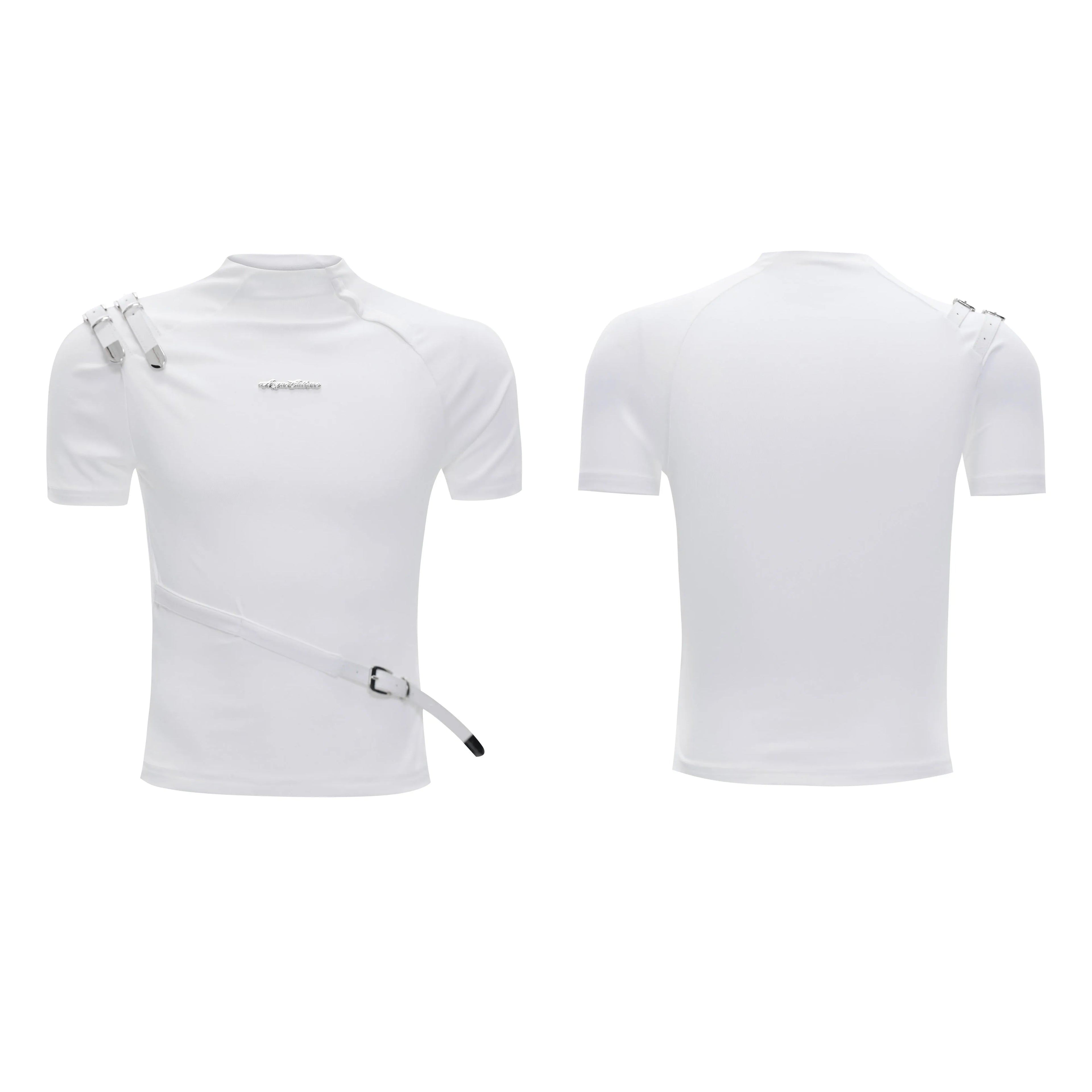 Men's black cotton T-shirt with metal belt design and stand-up collar slim fit styling