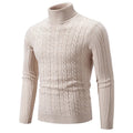 Men's slim fit chenille turtleneck pullover in grey, showing the twisted knit texture and collar.