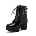 Women's black thick heel short boots with lace-up front and round toe