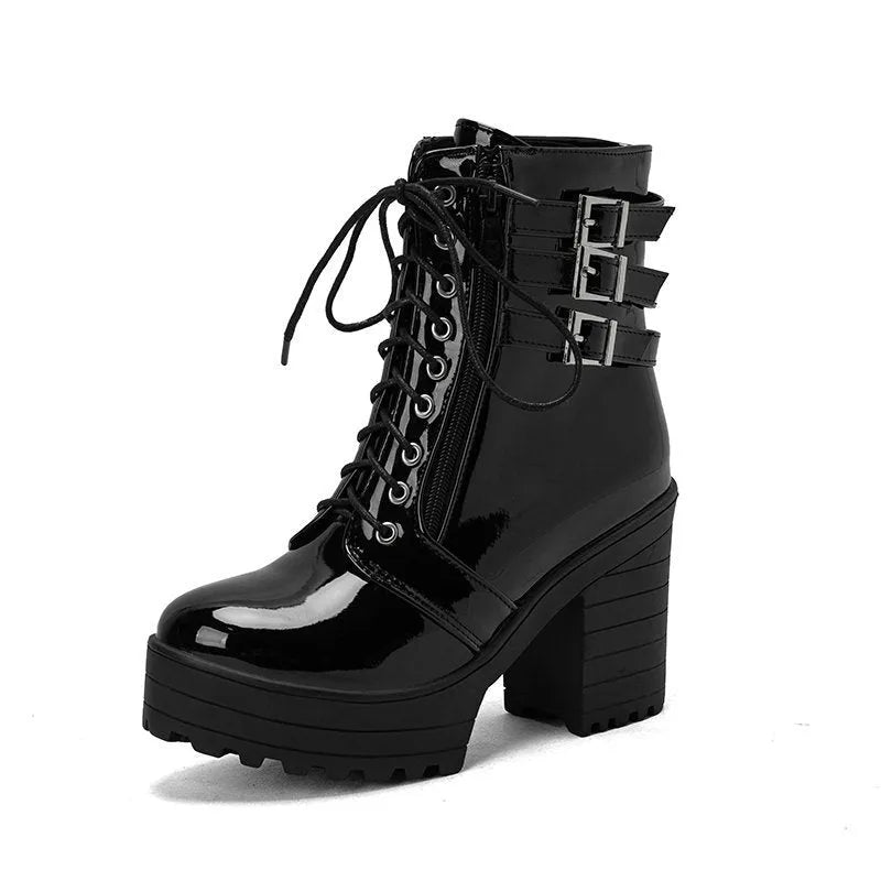 Women's black thick heel short boots with lace-up front and round toe