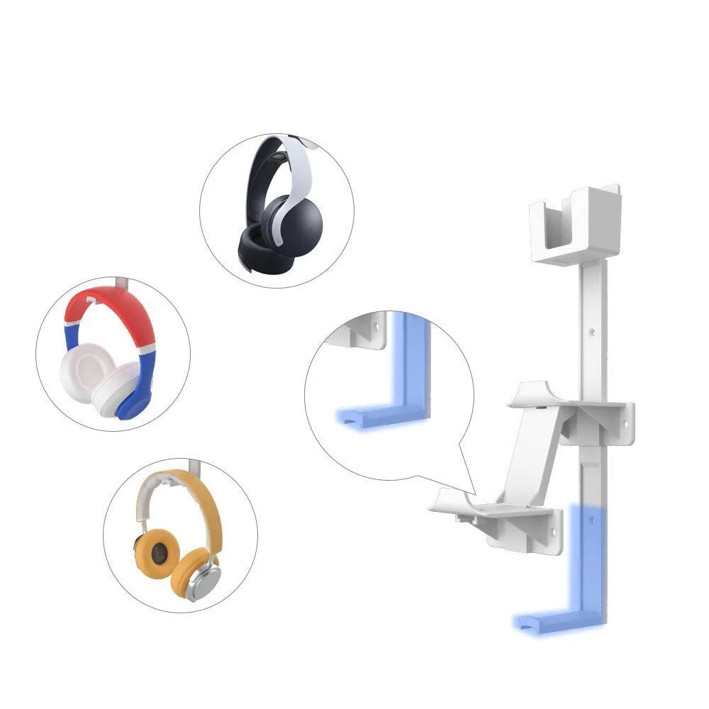 White adhesive wall hook holding a game controller and headphones