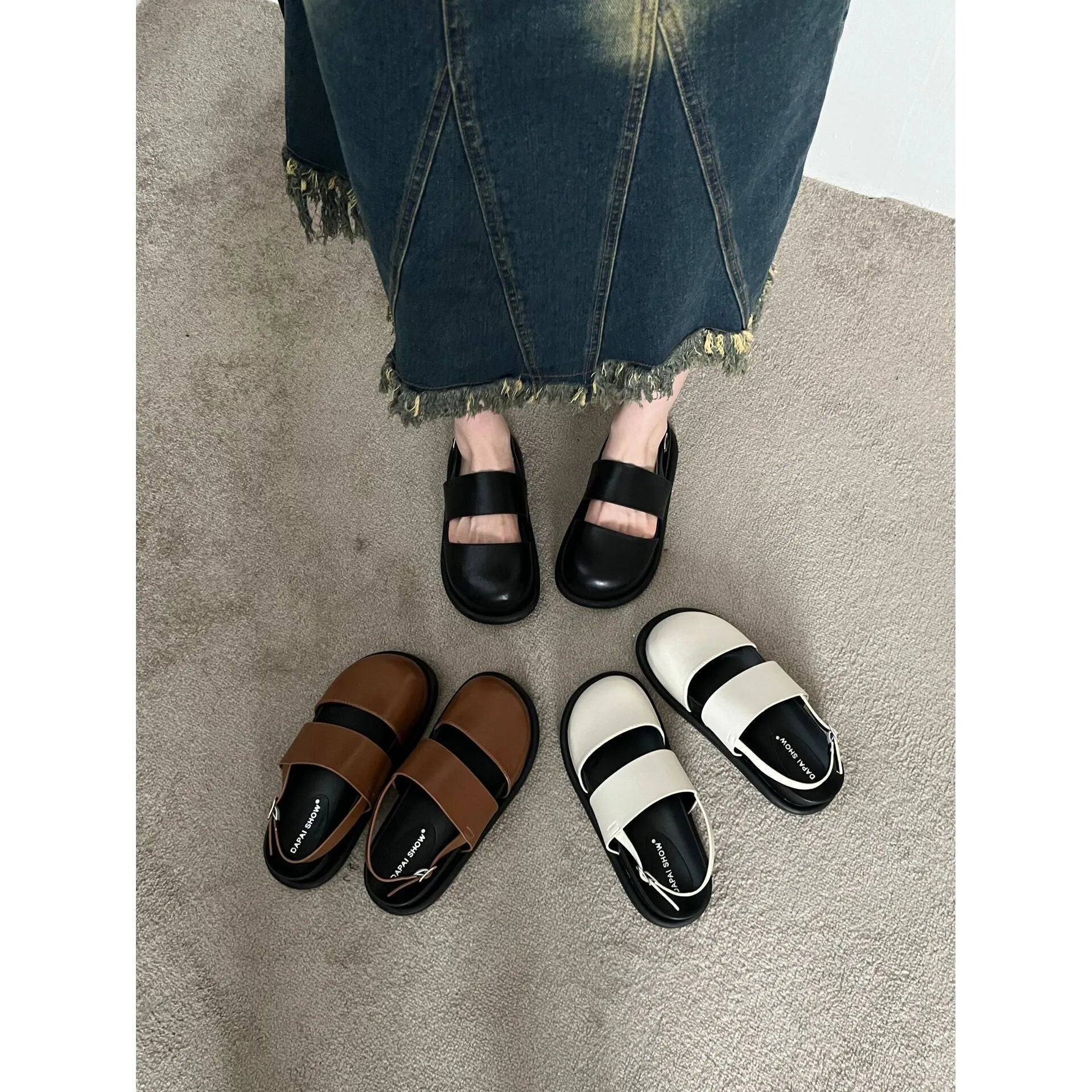 Retro raised bottom sandals with closed toe and ankle strap buckle in apricot colour