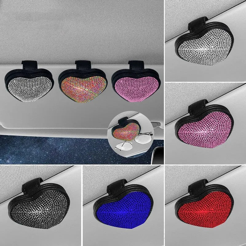 Diamond-encrusted leather car clip for sunglasses and documents with magnetic sun visor attachment