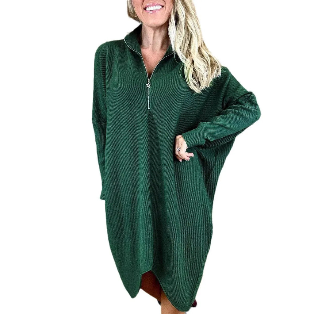 Women's solid colour knitted loose dress with zipper detail and raglan sleeves