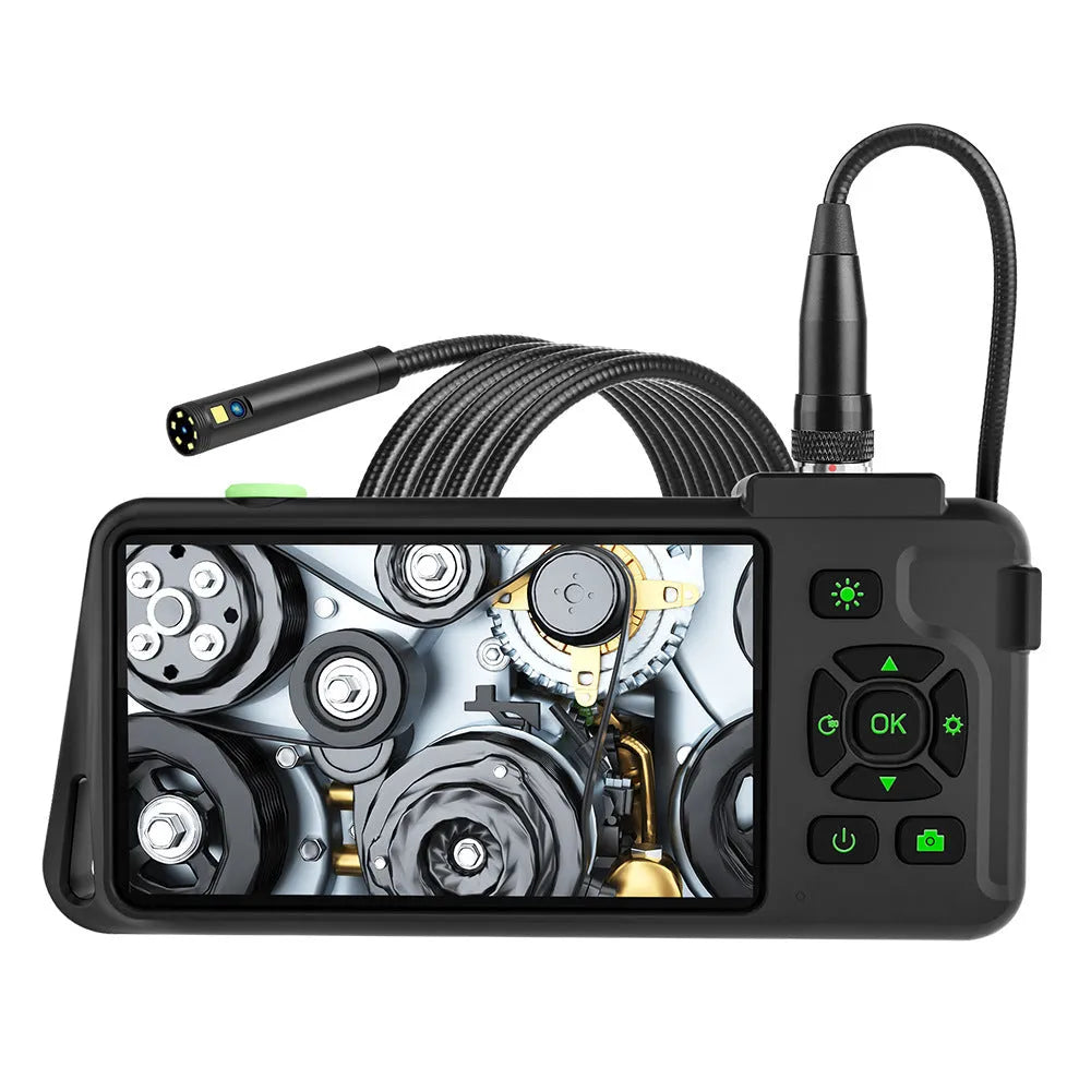 Handheld industrial endoscope with 4.5-inch LCD screen and a thin 5.5mm camera probe.