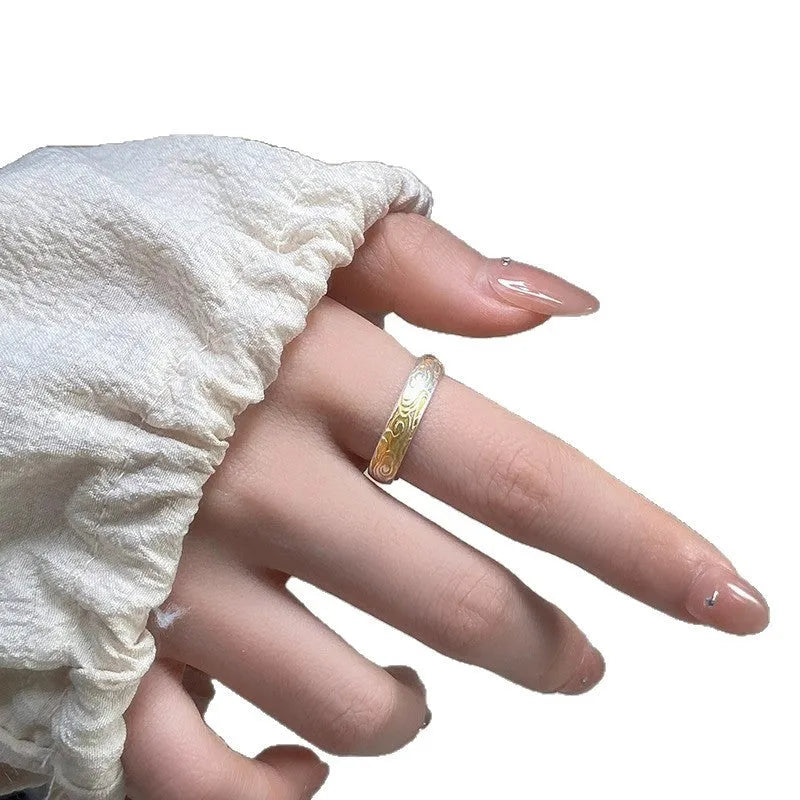 White copper open mouth adjustable ring with geometric fairy style and Xiangyun pattern design in electroplated silver or gold finish