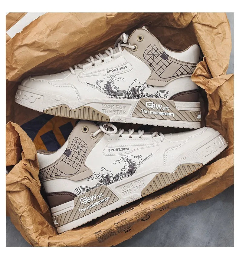 Men's beige high-top board shoes with lace-up front and rubber sole