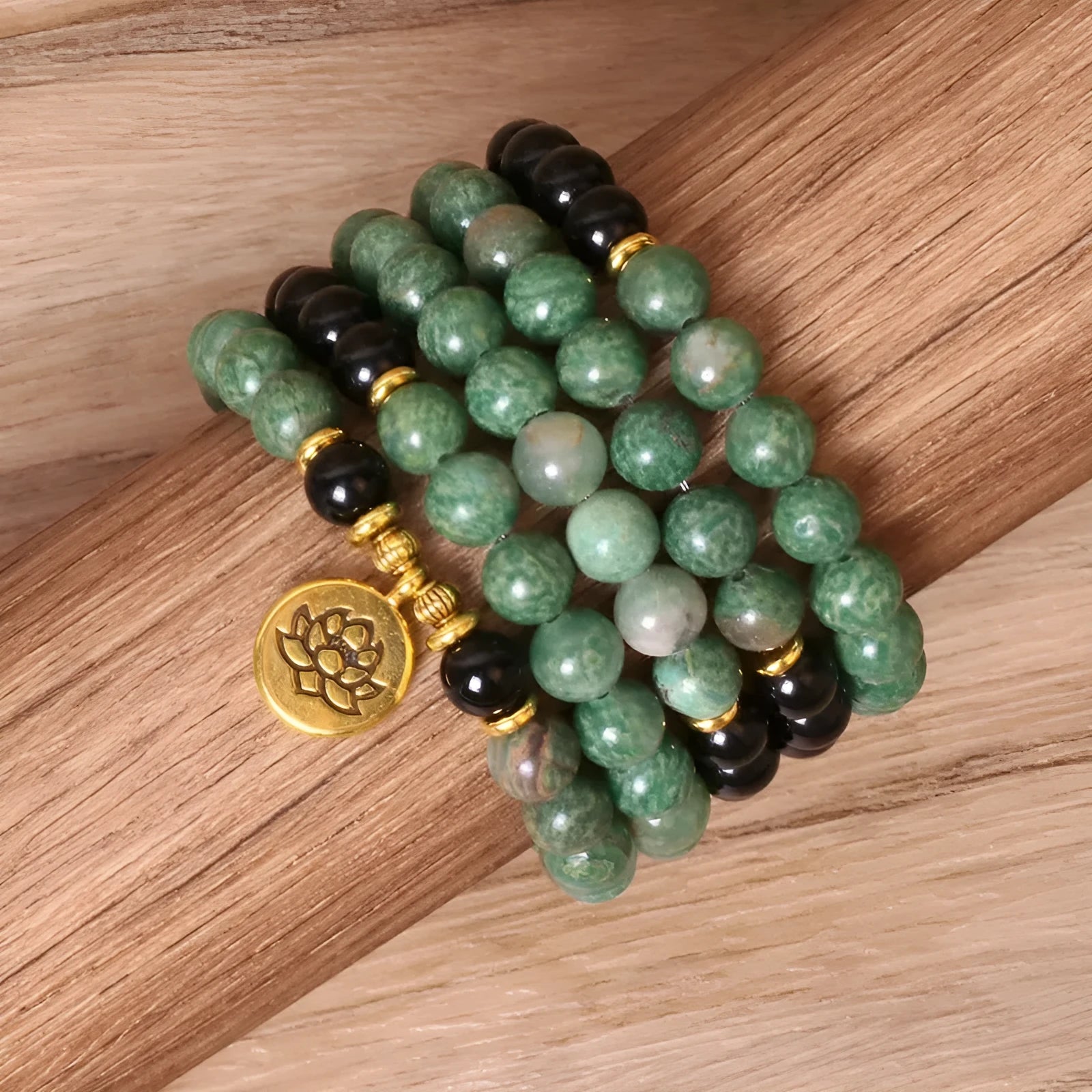 Green and black alloy beaded long bracelet with elastic stretch band