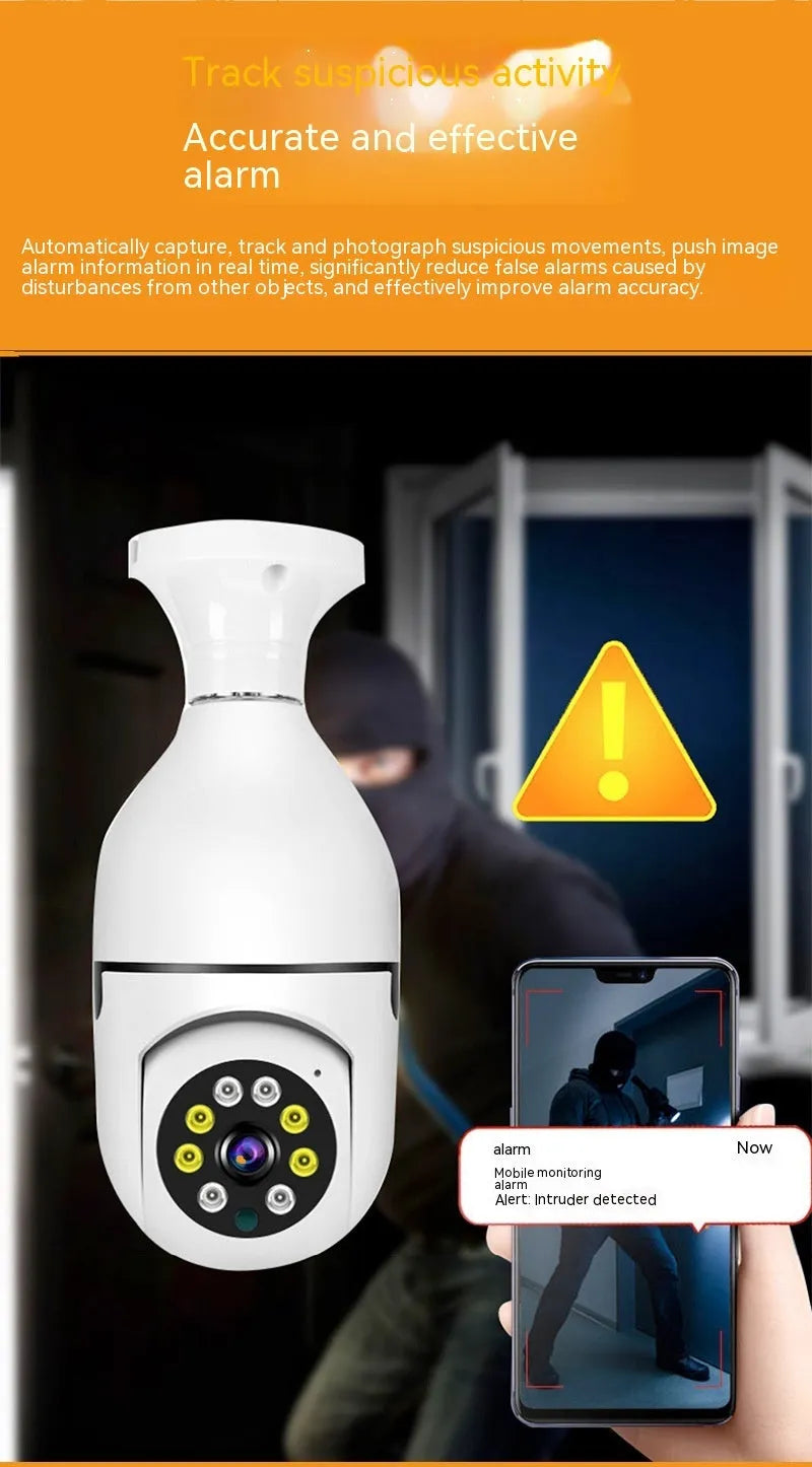 Wireless Wi-Fi bulb security camera with lamp holder base, showing compact 5cm by 12cm size.