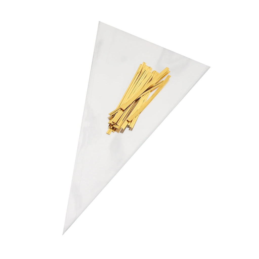 Clear triangular OPP plastic packaging bag with a twisted wire seal, shown next to a pack of bags.
