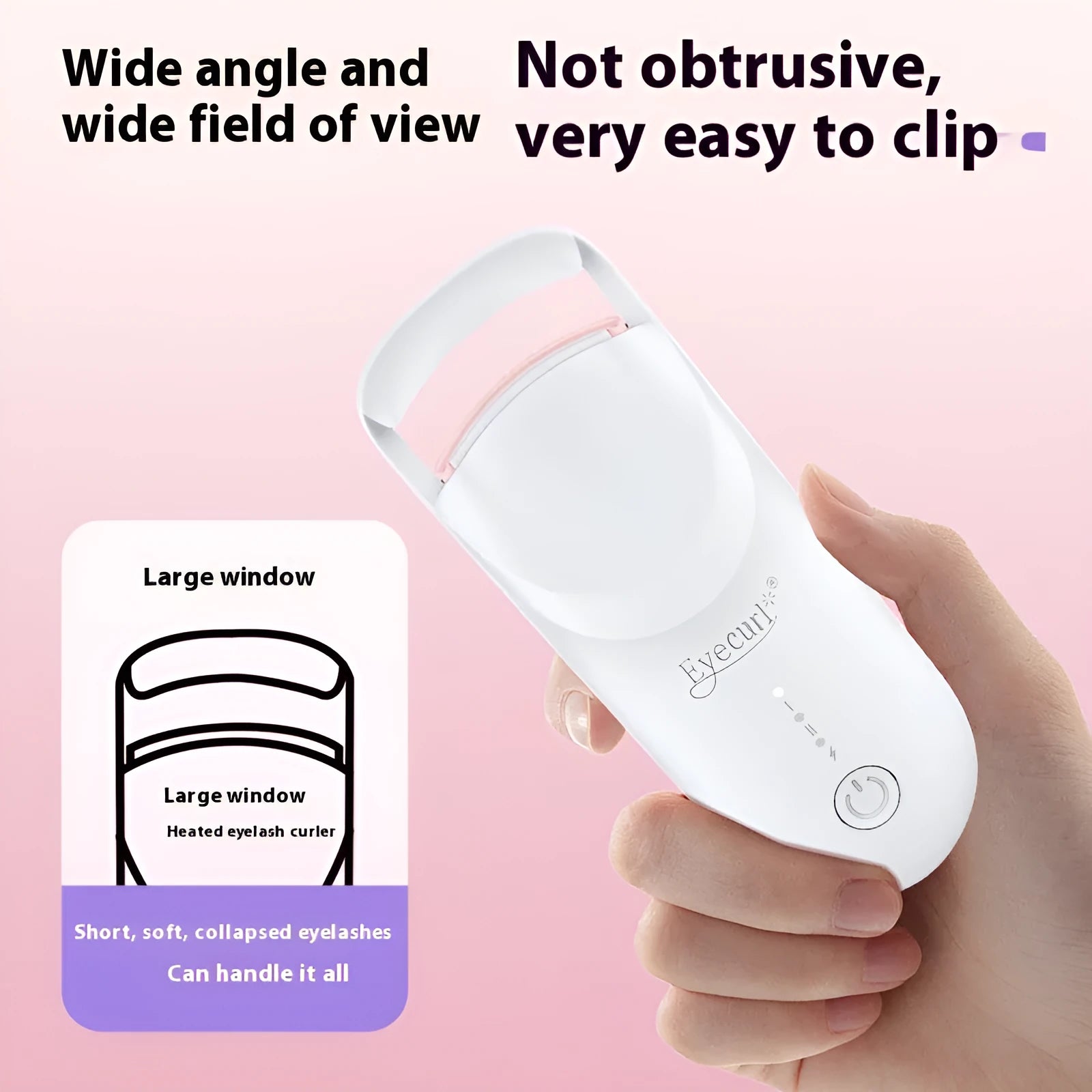 USB charging electric heating eyelash curler in cream white, pink, or apricot.