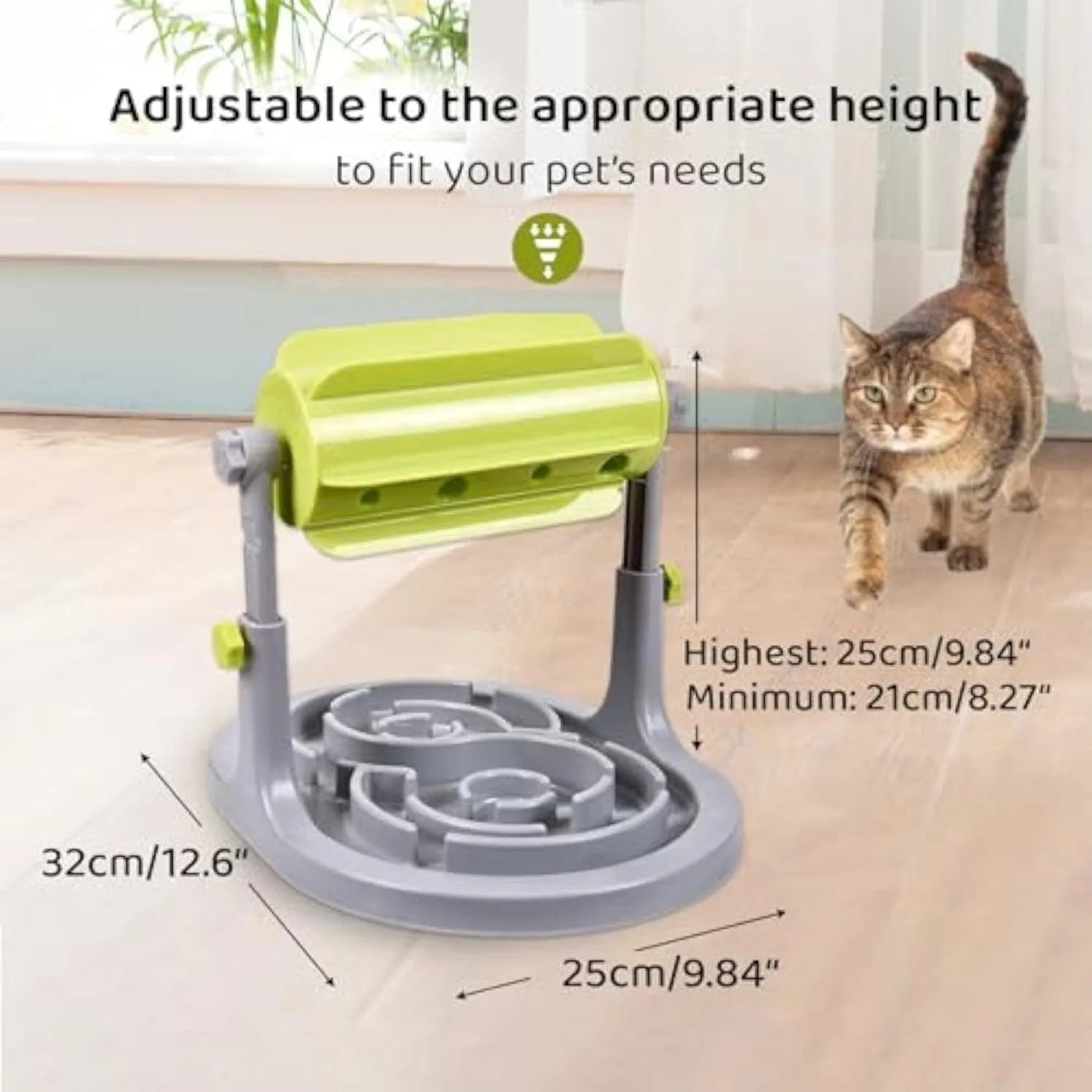 Blue interactive pet puzzle feeder bowl with adjustable height and raised food tray patterns