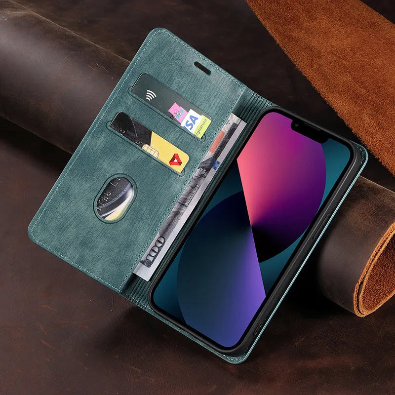 Magnetic flip iPhone case in black with TPU leather construction and magnetic closure flap