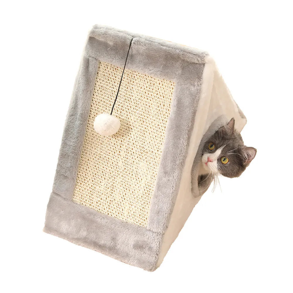 Grey and white triangular cat bed with sisal scratching posts on the sides.