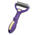 Purple plastic double-sided pet grooming comb with knot-removing teeth for dogs