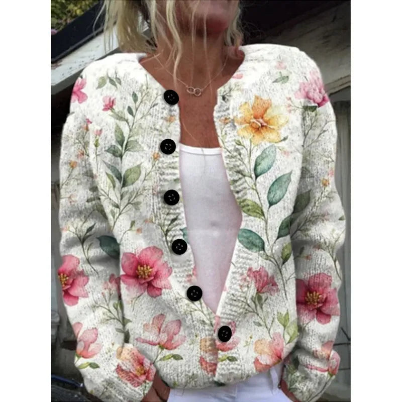Yellow women's knitted cardigan coat with a 3D digital print pattern.
