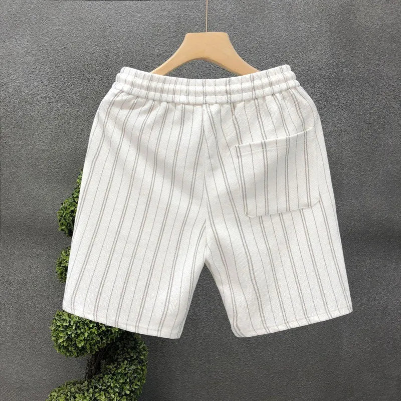 Men's black and white striped casual shorts with micro-elastic fabric and double-layer waistband