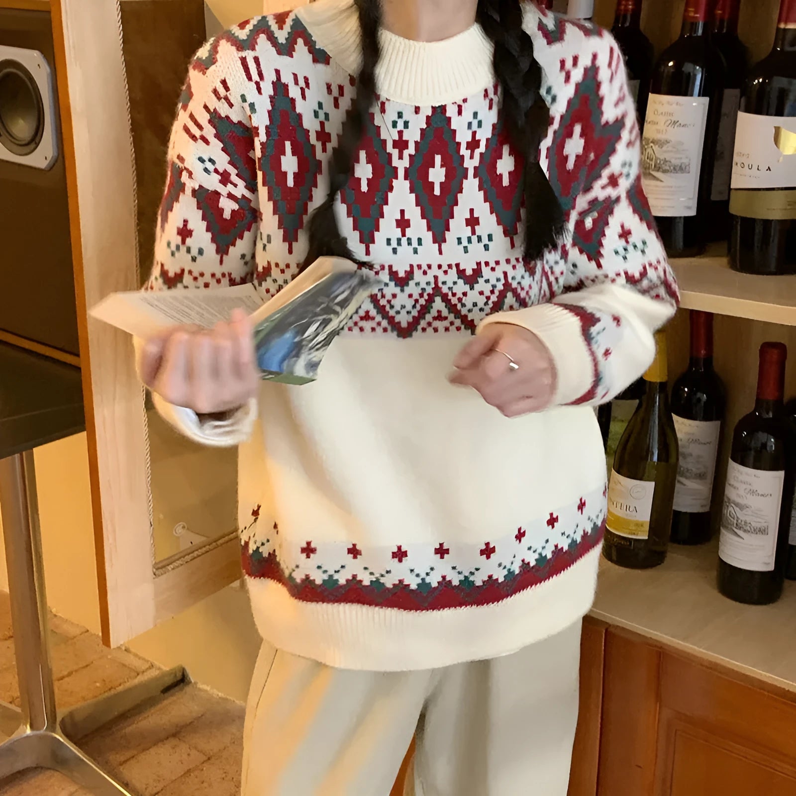 White and red striped retro style loose pullover knitted top with long sleeves