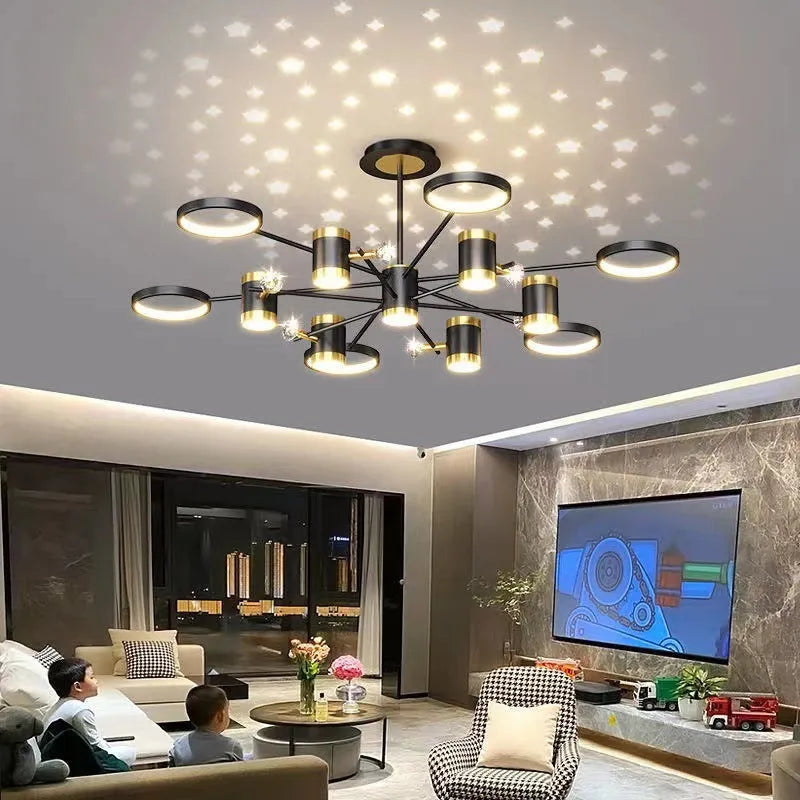 Black iron pendant chandelier with 13 star lamp heads and adjustable suspension