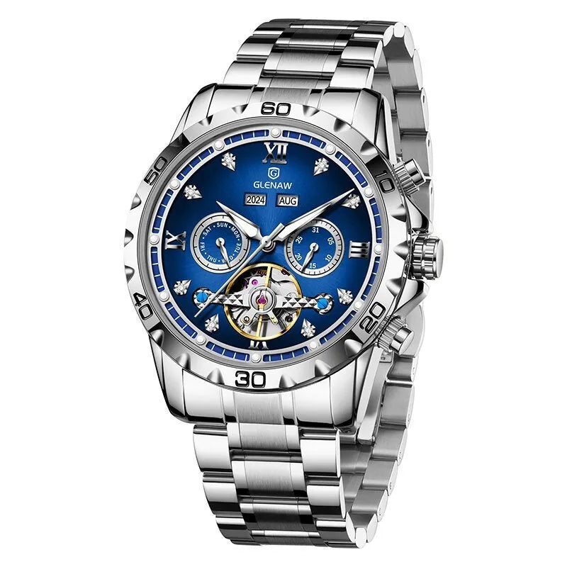 Men's automatic mechanical watch with stainless steel strap in silver and blue colour combination