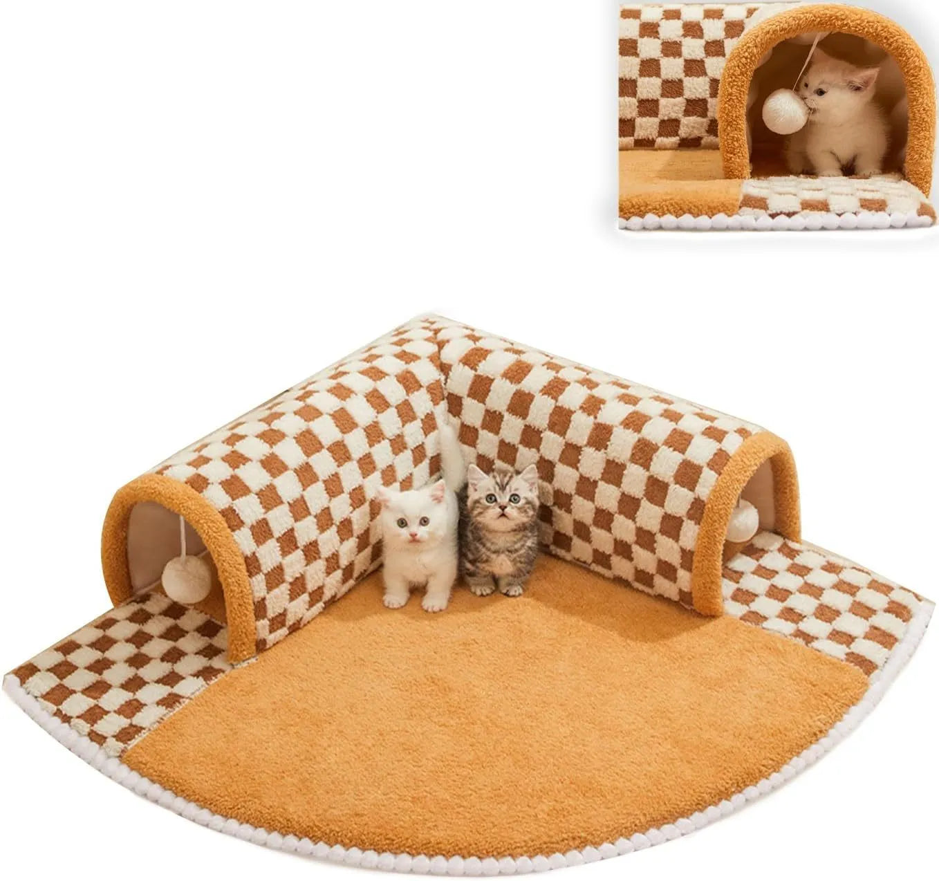 Brown plaid collapsible cat tunnel bed with central mat and zipper for indoor cats.