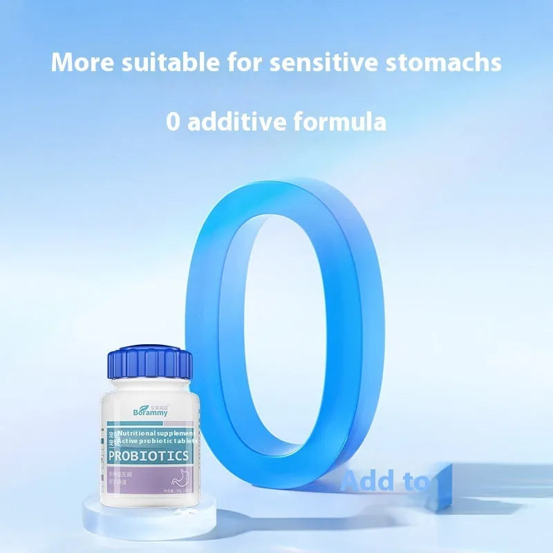 Bottle of 180 pet probiotic tablets for cat and dog digestive health support