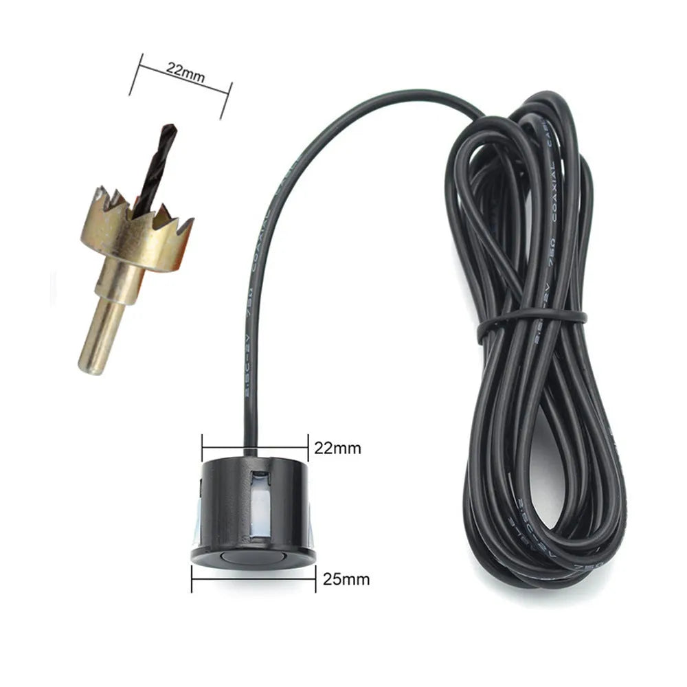 Wireless reversing sensor system with main unit, four probes, digital display, and installation accessories